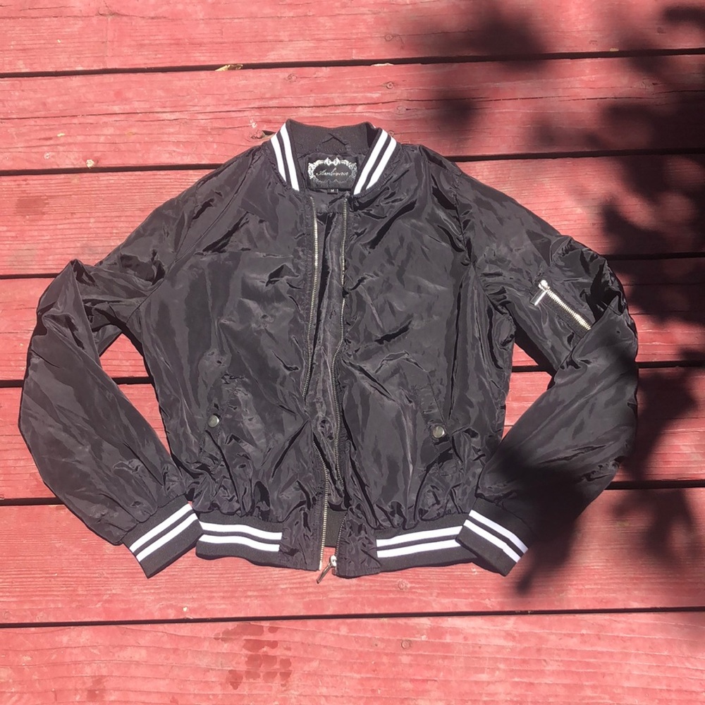 Black Bomber Jacket w/ White Stripes